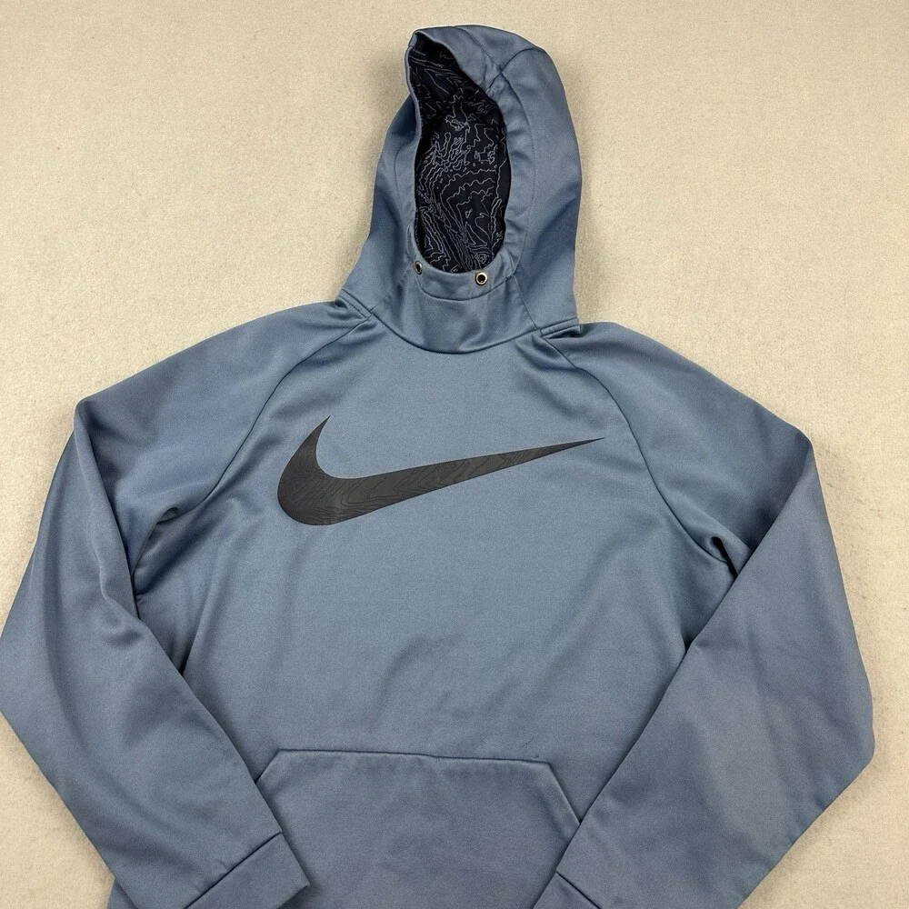Nike Hoodie Men Medium Blue Soid Big Swoosh Pullover Sweatshirt Pocket M *